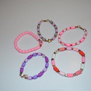 5 Bracelets  Handmade Clay Beads Colorful Elastic Fastener Kids Girls